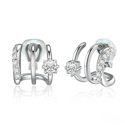 FAN&LOUIS Clip On Earrings Women, Gold Silver Triple Huggie Stud Clip-on Earrings Cubic Zirconia|Double Huggie Hoop Gold Hoop Earrings Clips for Women Trendy Lightweight - style: Silver