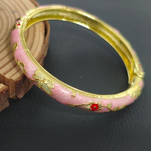 Cloisonne Bracelet For Women, Chunky Bangle Trendy Cute Flower Enamel Bangles Multi Tone Engraved Cuff Gold Plated Bracelets Stackable Wife Jewelry Friendship Gift - color: Blue&Pink Set