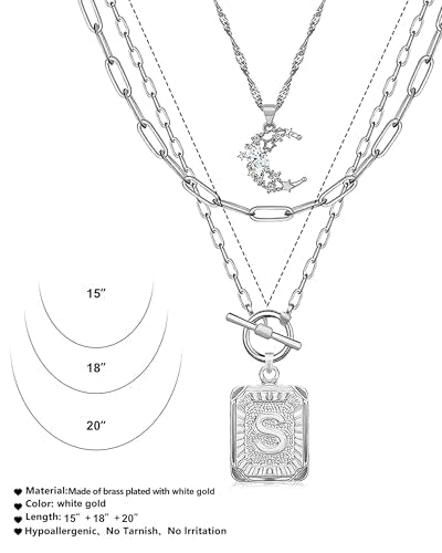 MJartoria Layered Initial Necklaces for Women Trendy, 14K Gold Plated Brass Simple Moon Choker Square Letter Pendant Necklace, Paperclip Chain Necklaces Jewelry Gifts - color: Silver, style: S