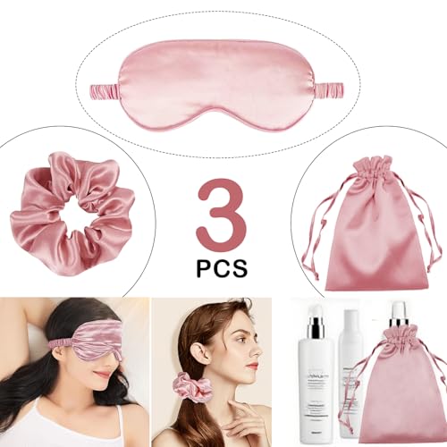 3Pcs Satin Eye Mask Silk Sleep Masks Set Silky Blindfold Eyeshade Blackout Eyes Cover Pouches Bag Scrunchy Wedding Gift - color: Pale Rose