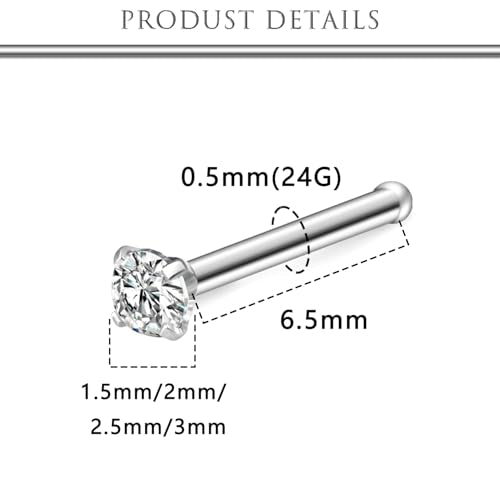 Hoeudjo Hypoallergenic Nose Rings Studs 24G Surgical Stainless Steel Cubic Zirconia Nose Studs for Women Men Screw & Bone & L Shaped Nostril Piercing Jewelry with 1.5mm 2mm 2.5mm 3mm CZ - color: silvertone,nose bone studs