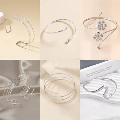 ItsStarred Minimalist Arm Cuff Gold Plated, Upper Arm Cuff Bangle Bracelet for Women, Adjustable Arm band Set 6 Pieces - color: F: Silver Plated Flower 6pcs