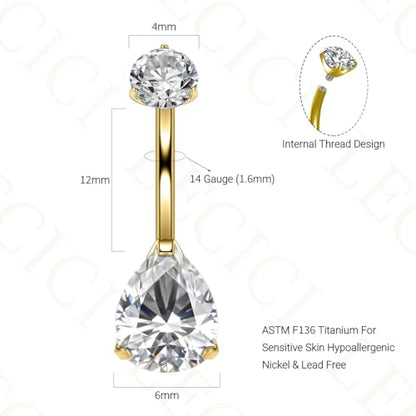 Titanium Floating Belly Button Rings 14G, ASTM F136 Implant-Grade Curved Barbell, Internal Thread with 6mm Teardrop Gems, Sparkle Navel Piercing Jewelry, 10mm/12mm Length - color: Teardrop Gold-Clear CZ, size: 1/2"(12mm)