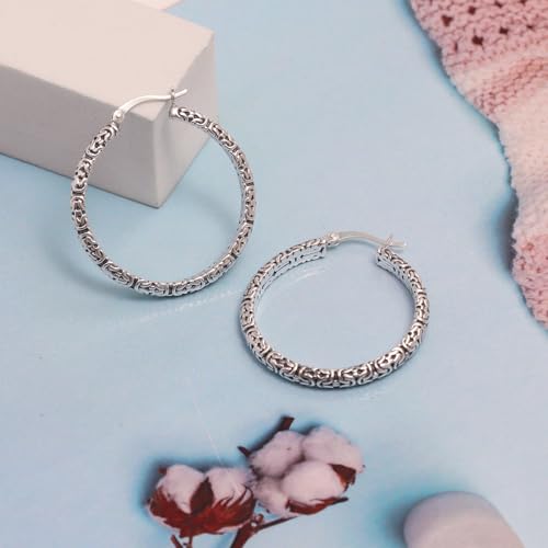 LeCalla Byzantine Earrings for Women | 925 Sterling Silver Byzantine Earrings | Antique Oxidized Click-Top Round Thick Hoop Earrings for Women - style: Bali Style Byzantine