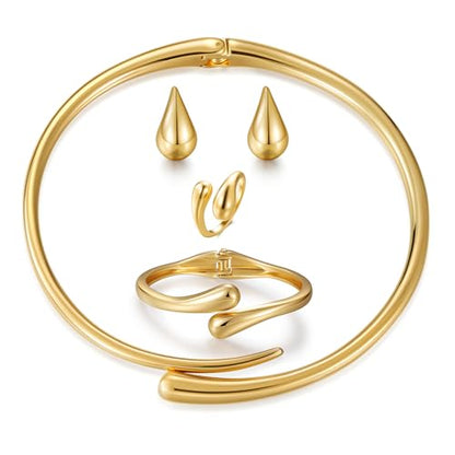 4 Pcs Chunky Gold Jewelry Set for Women, 14K Gold Plated Cuff Choker Collar Necklace, Teardrop Drop Earrings, Teardrop Wrap Ring, Hinged Cuff Bangle Bracelets, Statement Fashion Jewelry - color: Gold