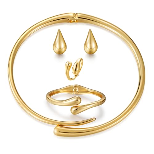 4 Pcs Chunky Gold Jewelry Set for Women, 14K Gold Plated Cuff Choker Collar Necklace, Teardrop Drop Earrings, Teardrop Wrap Ring, Hinged Cuff Bangle Bracelets, Statement Fashion Jewelry - color: Gold