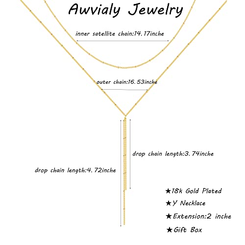 Dainty Gold Necklace for Women, Cute Long Necklace 14K Gold Plated CZ Lips Bead Y Shaped Lariat Necklace Simple Gold Choker Necklace Aesthetic Drop Necklace Trendy Gold Jewelry for Women - color: Gold-Satellite Y Necklace