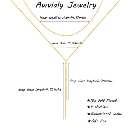 Dainty Gold Necklace for Women, Cute Long Necklace 14K Gold Plated CZ Lips Bead Y Shaped Lariat Necklace Simple Gold Choker Necklace Aesthetic Drop Necklace Trendy Gold Jewelry for Women - color: Gold-Satellite Y Necklace