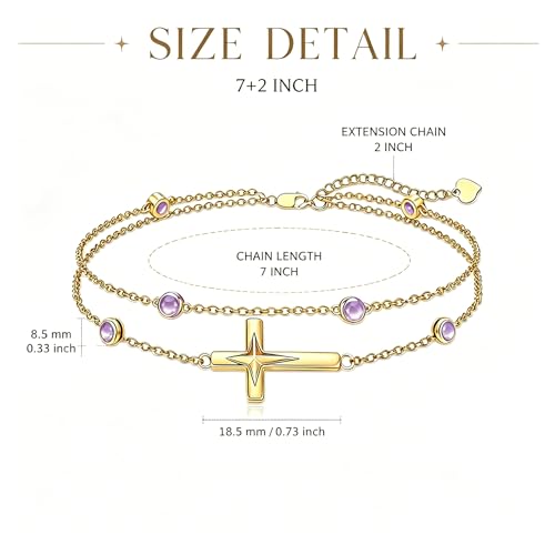 Midari 18K Yellow Gold Gemstone Birthstone Anklet Bracelet Cross Jewelry with 12 Months Birthstone Birthday Gifts for Women Wife Her Daughter Mom - color: 06-Light Violet, size: Bracelet 7"-9"