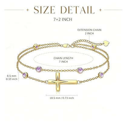 Midari 18K Yellow Gold Gemstone Birthstone Anklet Bracelet Cross Jewelry with 12 Months Birthstone Birthday Gifts for Women Wife Her Daughter Mom - color: 06-Light Violet, size: Bracelet 7"-9"