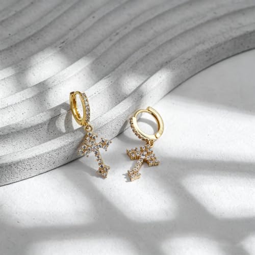 NEWITIN CZ Cross Earrings for Men Women 14K Gold Plated Huggie Hoop Earring | Hypoallergenic, 5A+ Cubic Zirconia, Cartilage Earring, Sensitive Ears, Silver Gold, Men Hoops Dangling, Cross Diamond Earring - color: Gold A