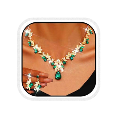 Rhinestone Bridal Wedding Jewelry Sets Gold Necklace Earrings Set Leaf Prom Formal Costume Jewelry Set for Women and Brides - color: Green