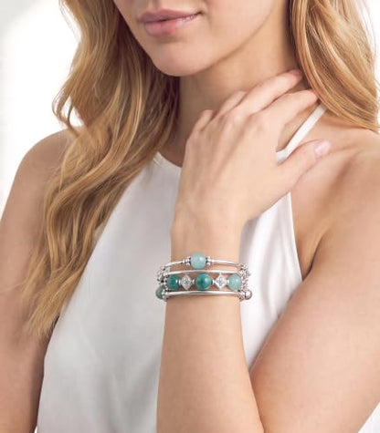Beaded Pearl Bangle Wrap Bracelet - Fashion Bohemian Jewelry Multilayer Charm Bracelet with Thick Silver Metal Beads, Gift For Women - color: Jade Green