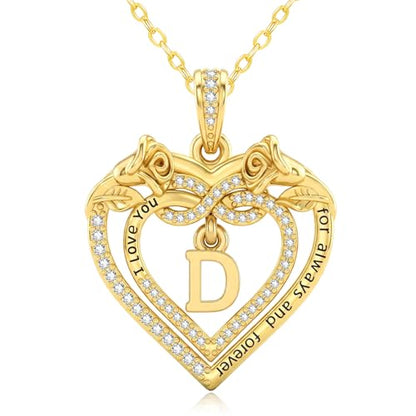 14K Gold Initial Letter Rose Heart Pendant Necklace for Women, Anniversary Birthday Jewelry Gifts for Wife Mom Grandma Sister Daughter, I Love You for Always And Forever - style: 14K Gold-D