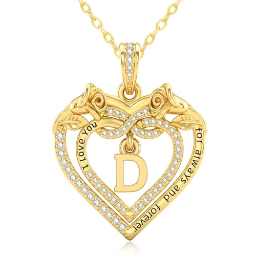 14K Gold Initial Letter Rose Heart Pendant Necklace for Women, Anniversary Birthday Jewelry Gifts for Wife Mom Grandma Sister Daughter, I Love You for Always And Forever - style: 14K Gold-D