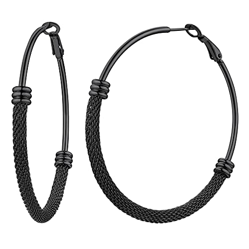 ChainsHouse 30/40/60/80mm Hoop Earrings for Women,Chunky Earrings in 18K Gold Plated/Silver/Black,Minimalist Jewelry Round Tube Hoops Fits Sensitive Ears|Hypoallergenic&Waterproof,with Gift Box - color: C:black-mesh tube, size: 60MM