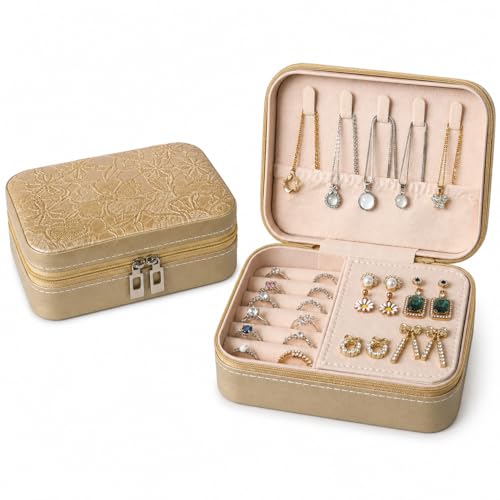 Travel Jewelry Box, Jewelry Box with Embossed PU Leather Small Jewelry Organizer Case with Zipper, Velvet Lined Ring Earring Necklace Case for Travel, 6.3 x 4.7 x 2.4 in - color: Golden