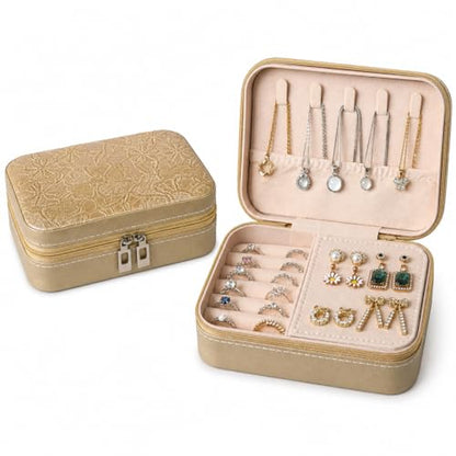 Travel Jewelry Box, Jewelry Box with Embossed PU Leather Small Jewelry Organizer Case with Zipper, Velvet Lined Ring Earring Necklace Case for Travel, 6.3 x 4.7 x 2.4 in - color: Golden