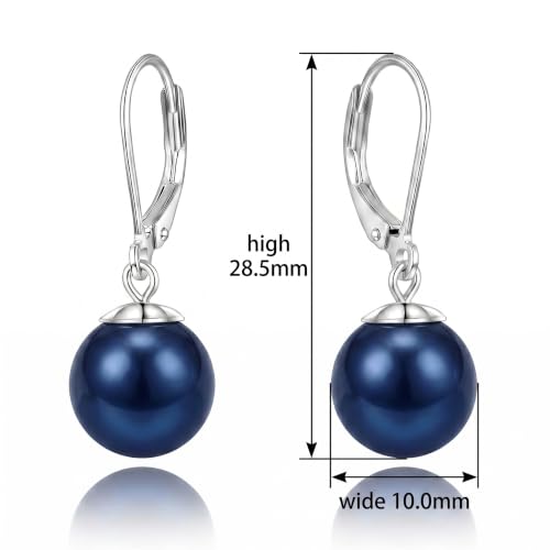 Pearl Leverback Earrings for Women Dangle Round Gemstone Earrings Birthstone Jewelry Gift Anniversary for Her - color: 20 Navy Blue Pearl