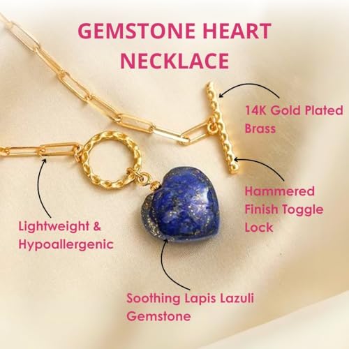 Gempires Gemstone Heart Pendant Necklace for Women, Gold Toggle Birthstone | Handmade gemstone heart pendant necklace — choose from 11 stones and birthstones, gold toggle paperclip chain. - color: Lapis Lazuli
