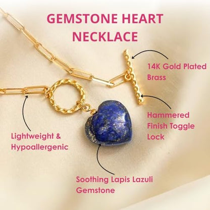 Gempires Gemstone Heart Pendant Necklace for Women, Gold Toggle Birthstone | Handmade gemstone heart pendant necklace — choose from 11 stones and birthstones, gold toggle paperclip chain. - color: Lapis Lazuli