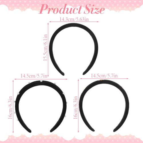 3pcs Non Slip Padded Black Headbands 3 Styles - Black Velvet Headbands For Women - Fashion Stylish Headband For Women With Pearl & Bee Design