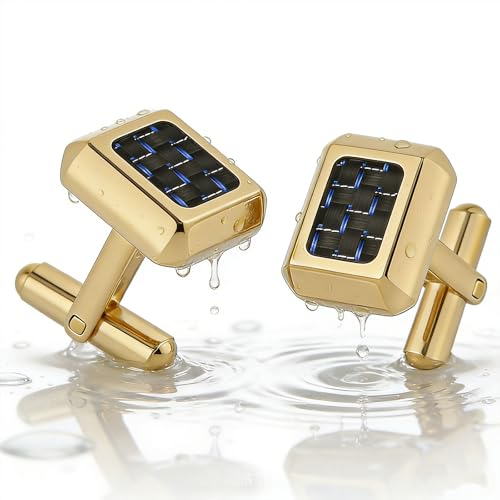 HZMAN Rectangle Carbon Fiber Cufflinks for Men, Stainless Steel High Polished Formal Cuff Links with Carbon Fiber Inlay, Dress Shirt Accessories for Wedding Business Party - style: Gold
