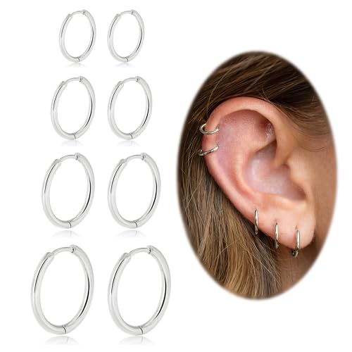 Small Hoop Earrings for Women Men Girls 14k Real Gold Plated Thin Gold Huggie Hoops Set for Cartilage Helix Hypoallergenic Surgical Stainless Steel 6/8/10/12mm - color: Silver, style: Thinner-1.6mm