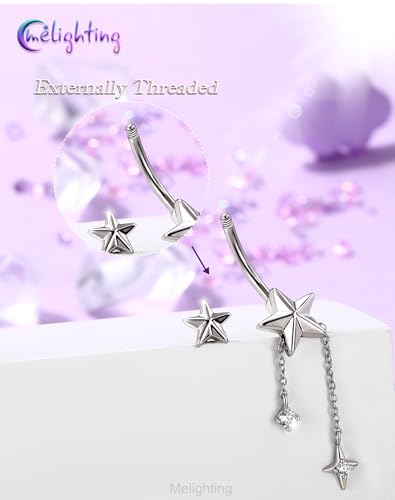 Melighting 14G Gold Belly Button Ring Dangle Chain, 10 mm Stainless Steel Belly Piercing Jewelry with CZ Heart Star Design, Cute Silver Navel Ring for Beach Daily Wear Women - color: Steel Star