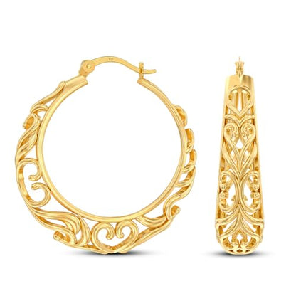 LeCalla 925 Sterling Silver Chunky Hoop Earrings | Filigree Heart Hoop Earrings for Women | Oval & Round Mesh Filigree Click-Top Hoops Earring | Hypoallergenic Earrings for Women - color: Yellow Gold Round Filigree 27MM
