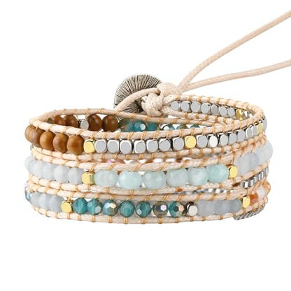 Boho 5 Wrap Bead Bracelet for Men Women - Handmade Adjustable Natural Chakras Stone Crystal Beaded Bracelets Cuff Rope Yoga Healing Bracelet Bangle Hippie Jewelry - color: Light Blue3