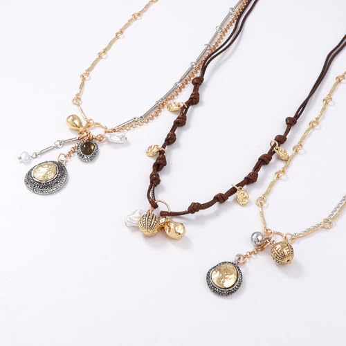 LUREME Vintage 3-in-1 Layered Necklace Set for Women, Gold Coin & Brown Wax Rope Boho Jewelry(nl006387)