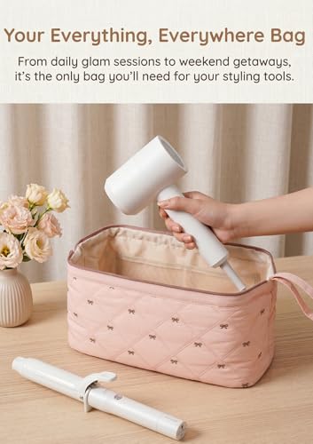 TeeYee Nylon Hair Tools Travel Bag for Dyson Airwrap Quilted Toiletry Bag | Travel Storage Bag for Shark Flexstyle/Curling Iron,Water-repellent,Wide-open,Well-structured,Heat-safe lining,001pinkbow - color: Pinkbow