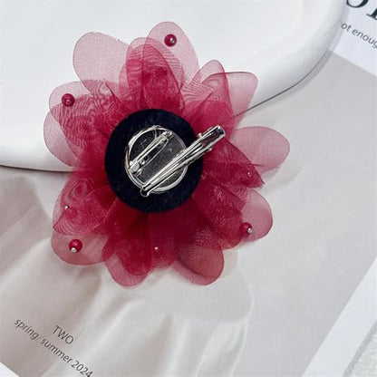 13cm/5in Beaded Mesh Flower Brooch Pin for Women Girls Dainty Round Shell Pearl Ball Beads Camellia Peony Flowers Brooches Lapel Hair Pins Elegant Wedding Anniversary Accessories Jewelry - color: Wine Red