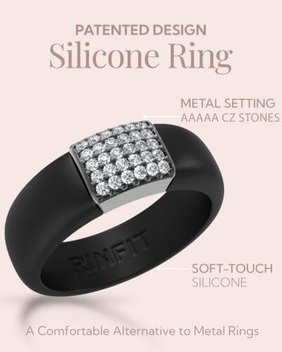 Rinfit Silicone Ring with Metal Plate & CZ for Women | AAAAA Grade Cubic Zirconia Stones, Flexible Rubber Wedding Band, Comfortable Fit, Engagement Ring for Her, Patented Design - color: Pack H: Black and Gunmetal Grey