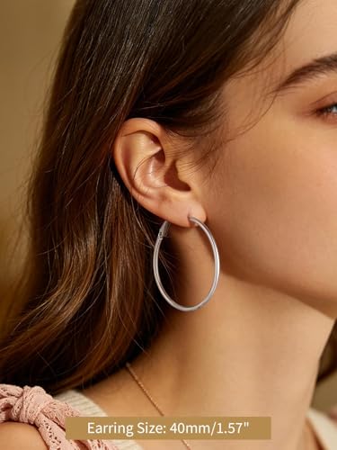 FindChic Thin Hoop Earrings for Women,Silver/Black/Gold Plated 20-100mm - color: Silver, size: 40mm