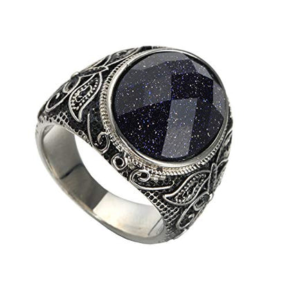 Retro Unisex Stainless Steel Oval Gemstone Hollow Flower Carved Signet Ring - color: Silver-Blue