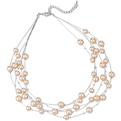 FULU AUTUMN Layered Pearl Necklace Multi-strand Pearl Choker Necklaces for Women Beaded jewelry for Wedding Parties - color: Champagne