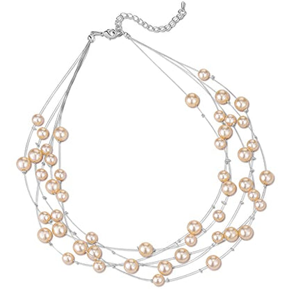FULU AUTUMN Layered Pearl Necklace Multi-strand Pearl Choker Necklaces for Women Beaded jewelry for Wedding Parties - color: Champagne
