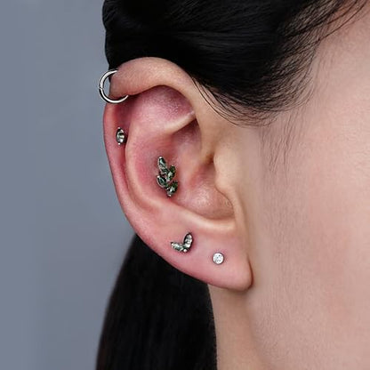 1PC ASTM F136 Titanium Piercing Jewelry for Tragus Conch Helix Flat Labret 18G 6mm 8mm, Cartilage Earring Flatback Stud - color: Moss Agate Marquise - Tit