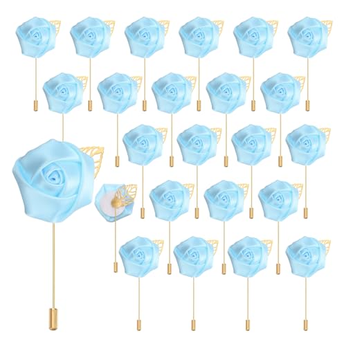 uxcell 24pcs Light Blue Rose Boutonnieres Flower Pins for Wedding | Buttonholes Pocket Boutonnieres for Wedding Ceremony Anniversary Prom Formal Dinner Party - color: Light Blue