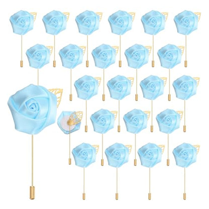 uxcell 24pcs Light Blue Rose Boutonnieres Flower Pins for Wedding | Buttonholes Pocket Boutonnieres for Wedding Ceremony Anniversary Prom Formal Dinner Party - color: Light Blue