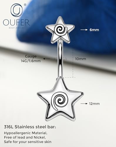 OUFER 316L Surgical Steel Belly Button Rings, 14g Belly Rings for Women, Star Navel Piercing Jewelry, Curved Navel Barbell for Men