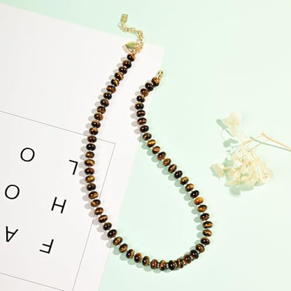 Boho Gemstone Beaded Necklace for Women – Colorful Natural Stone Choker 18K Solid Heart-Shaped Pendant, Summer Beach Jewelry - color: Yellow Tiger's Eye