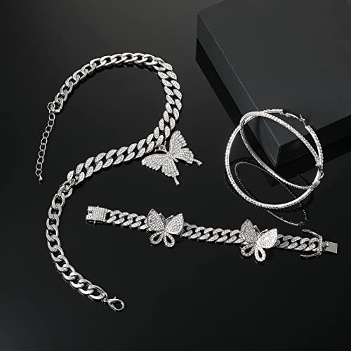 3 Pcs Butterfly Cuban Jewelry Set Cuban Link Chain Necklace for Women Rhinestone Pendant Necklace Bracelet Large Hoop - color: Silver, style: Classic