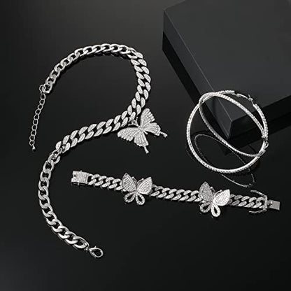 3 Pcs Butterfly Cuban Jewelry Set Cuban Link Chain Necklace for Women Rhinestone Pendant Necklace Bracelet Large Hoop - color: Silver, style: Classic