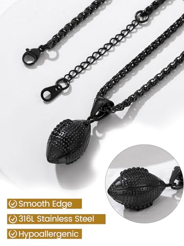GOLDCHIC JEWELRY Sport Necklaces for Men Teen, Football Baseball Soccer Basketball Softball Necklaces with Stainless Steel Chain Athlete Jewelry Sports Fan Gift - color: American Football Pendant-Black, style: NO Engraving