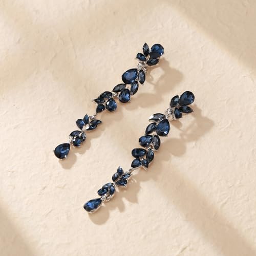 Crysdue Clip On Earrings for Women Rhinestone Crystal Teardrop Cluster Wedding Bridal Non Pierced Long Dangle Earring for Prom Party - color: Sapphire Silver-Tone