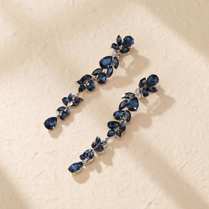 Crysdue Clip On Earrings for Women Rhinestone Crystal Teardrop Cluster Wedding Bridal Non Pierced Long Dangle Earring for Prom Party - color: Sapphire Silver-Tone