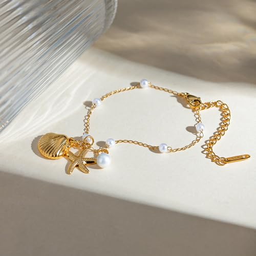 Dainty Shell Starfish Bracelet Anklet Charm Pearl Beads Seashell Gold-Tone Plated Stainless Steel Boho Anklet Foot Jewelry for Women Fashion boho Summer Beach Accessories Eternity Gift Valentine's Day